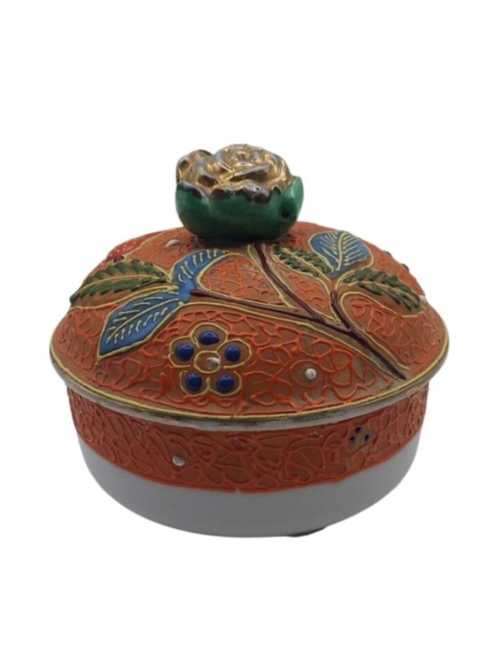 Shofu Trinket Box Rose Lid Floral Enamel Porcelain Japan MCM Vintage Collectible